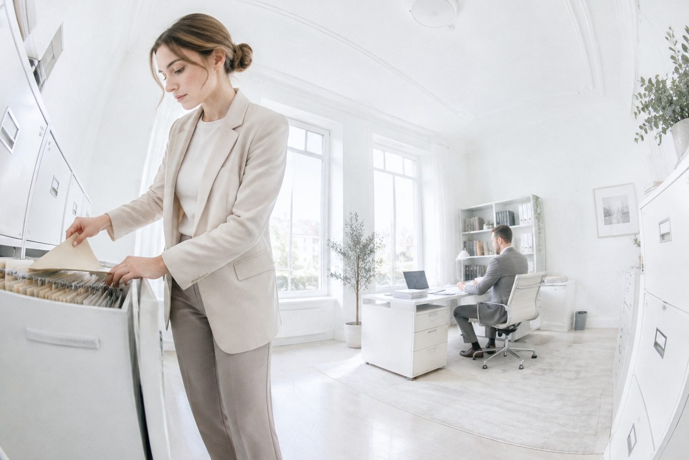 An assistant files case records at a law firm
