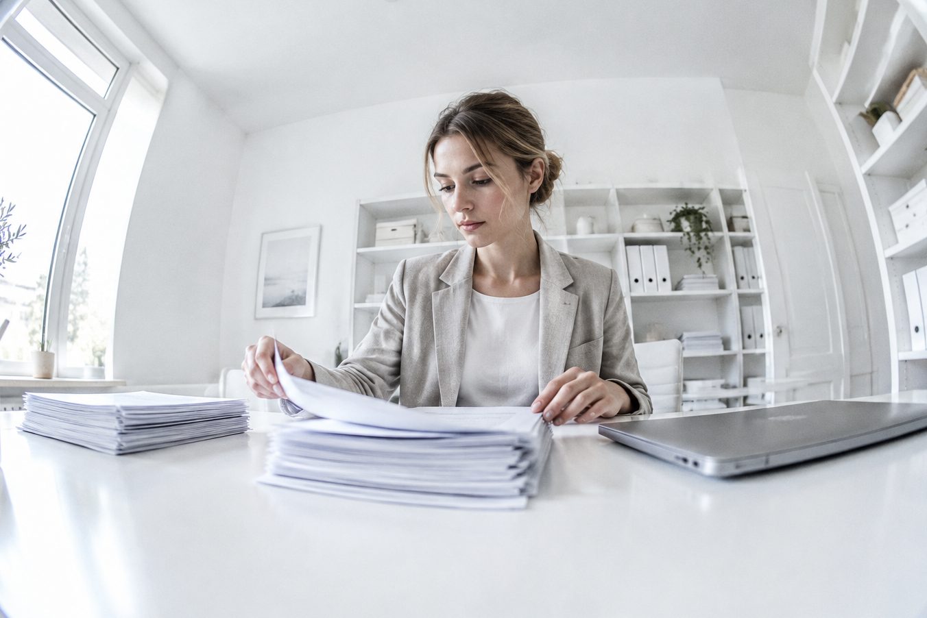 An office manager sorts paper invoices in her office