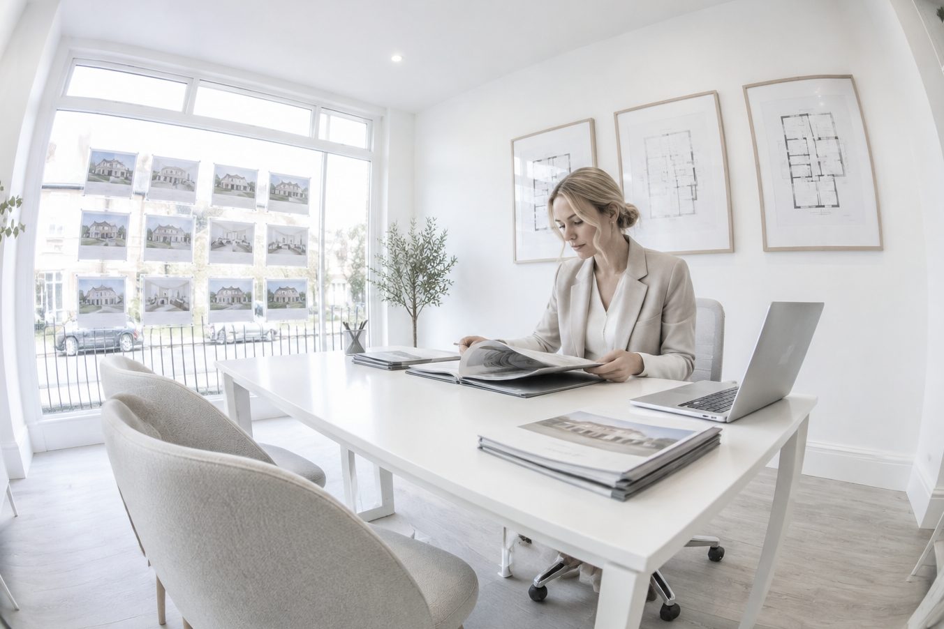 A real estate agent reviews property folders in her office
