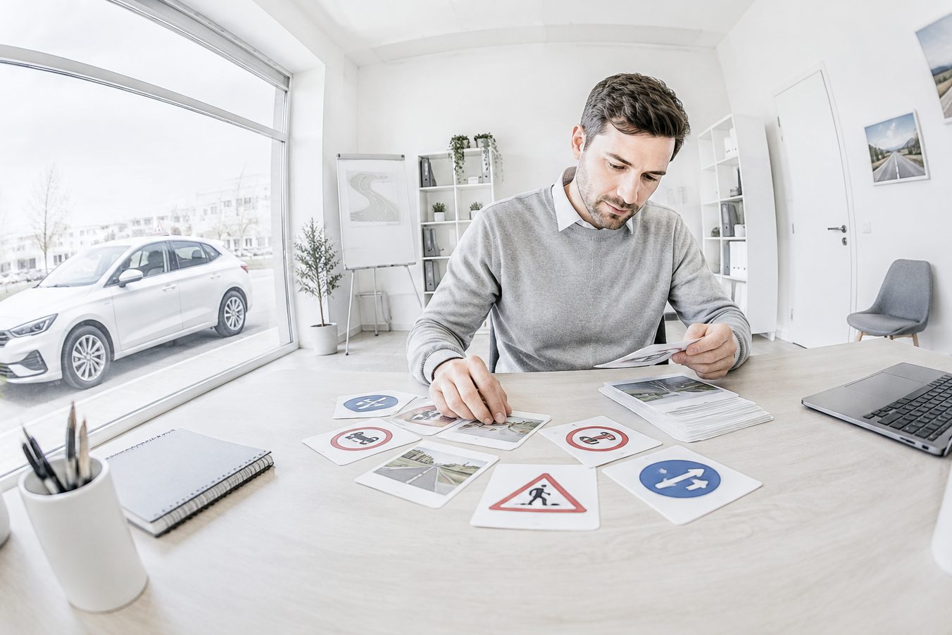 A driving instructor prepares materials in their office, with a practice car out on the street