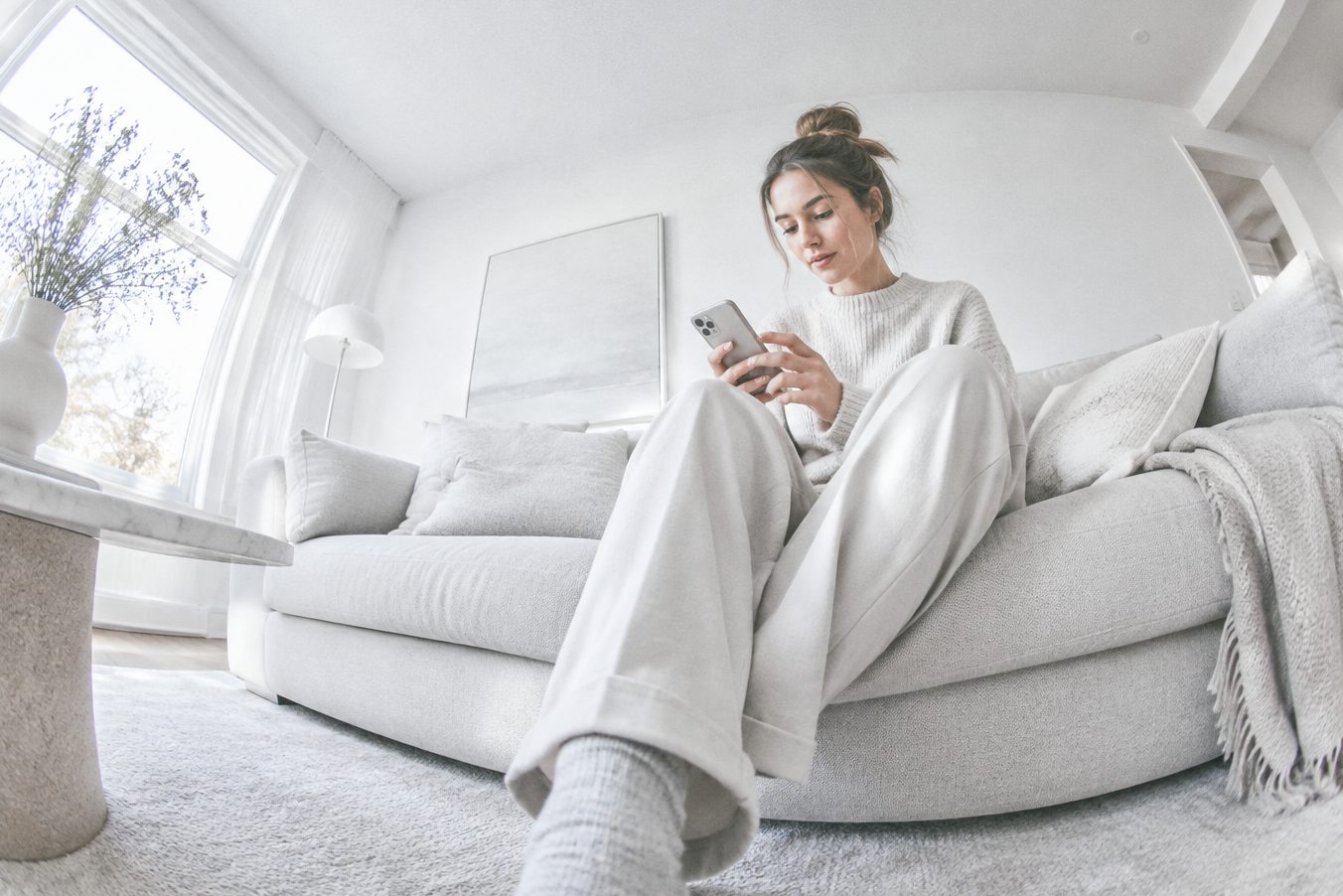 A woman types a question on her phone from the couch