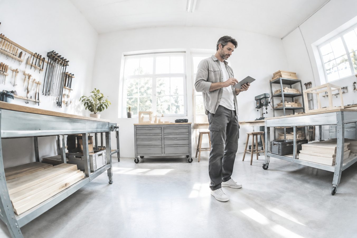 A workshop manager checks a tablet between carpentry workbenches